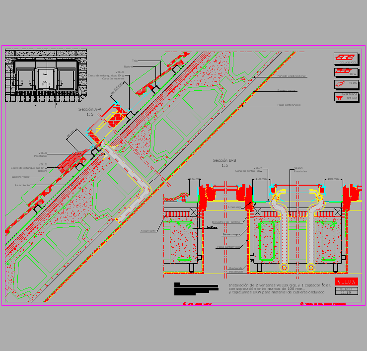 Bloque Autocad Combinación de 2 ventanas GGL y un captador solar en cubierta de teja.